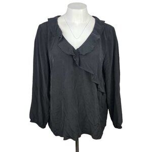J.JILL 100% Silk Ruffle Blouse Sz XL Petite Black